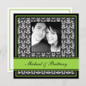 Faire-part Annonce de fiançailles de mariage en damassé vert  (Devant / Derrière)