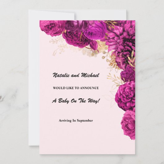 Faire-part Annonce de grossesse florale rose et or (Devant)