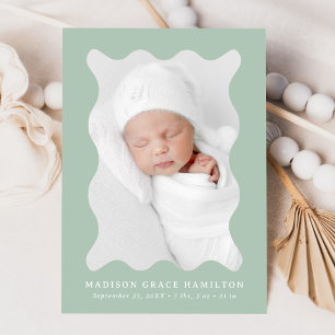 Faire-part Annonce de naissance avec cadre ondulé vert sauge