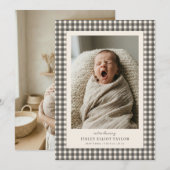 Faire-part Annonce de naissance avec photo bébé Gingham Gris (Devant / Derrière)