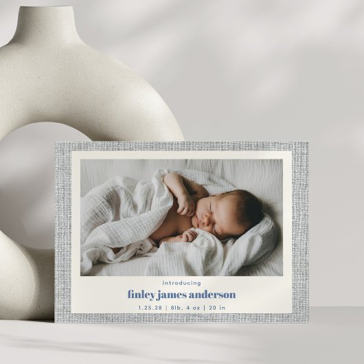 Faire-part Annonce de naissance bébé avec texture de lin gris