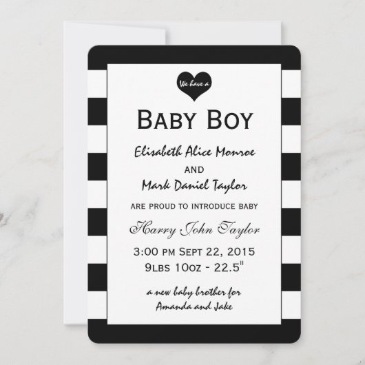 Faire-part Annonce de naissance bébé chic noir et blanc (Devant)