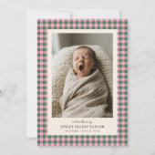 Faire-part Annonce de naissance bébé fille Gingham Vert Rose (Devant)