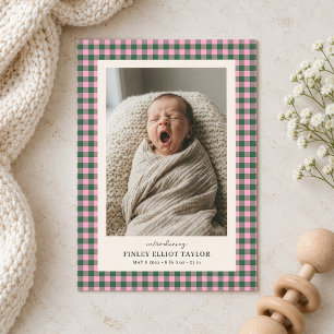 Faire-part Annonce de naissance bébé fille Gingham Vert Rose 
