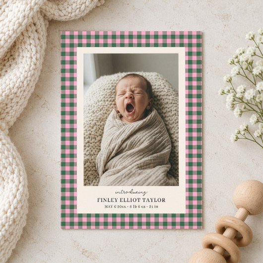Faire-part Annonce de naissance bébé fille Gingham Vert Rose