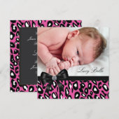 Faire-part Annonce de naissance bébé fille léopard noir rose (Devant / Derrière)