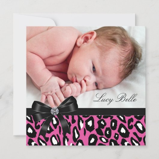 Faire-part Annonce de naissance bébé fille léopard noir rose (Devant)