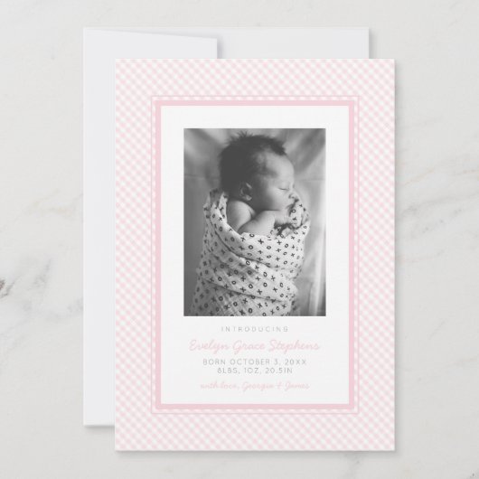 Faire-part Annonce de naissance carreau gingham rose doux (Devant)