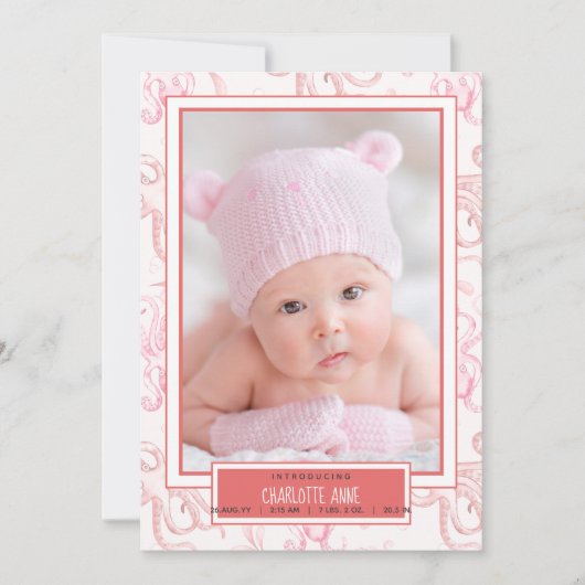 Faire-part Annonce de naissance de bébé fille pieuvre mignonn (Devant)