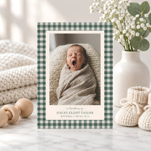 Faire-part Annonce de naissance de bébé garçon à carreaux gin
