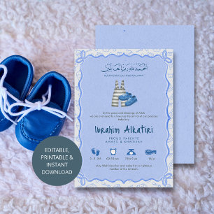 Faire-part Annonce de naissance de bébé garçon islamique aqua