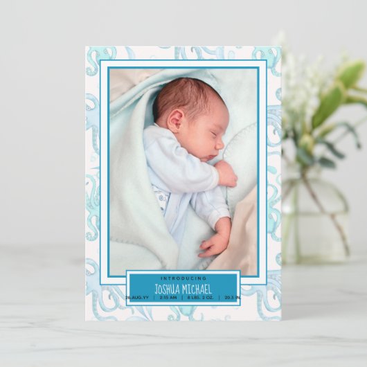 Faire-part Annonce de naissance de bébé garçon pieuvre mignon (Debout devant)