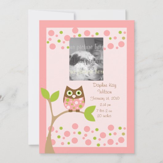 Faire-part Annonce de naissance de Chouette rose.. (Devant)