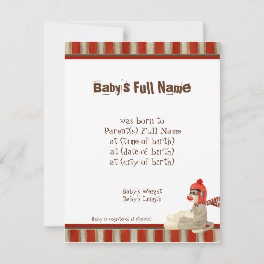 Faire-part Annonce de naissance de garçon avec Singe en chaus (Dos)