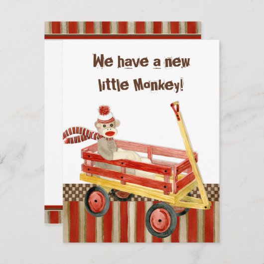 Faire-part Annonce de naissance de garçon avec Singe en chaus (Devant / Derrière)