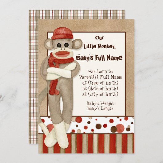 Faire-part Annonce de naissance de garçon avec un singe en ch (Devant / Derrière)
