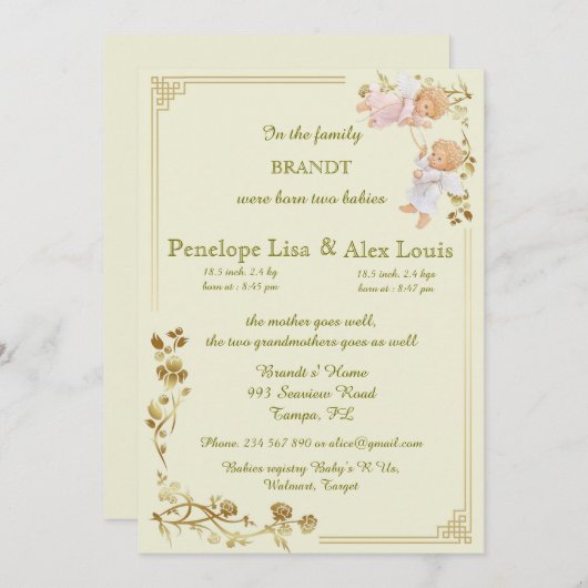 Faire-part annonce de naissance de jumeaux (Devant / Derrière)