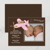 Faire-part Annonce de naissance de jumelles en avion rose (Devant / Derrière)