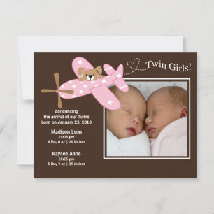 Faire-part Annonce de naissance de jumelles en avion rose