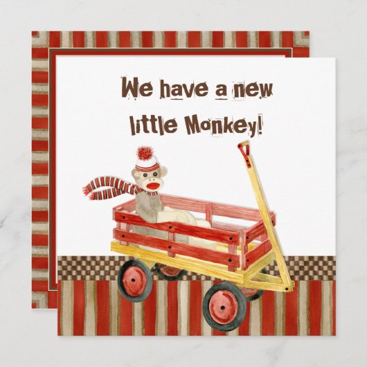 Faire-part Annonce de naissance garçon avec singe en chausset (Devant / Derrière)