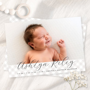 Faire-part Annonce de naissance gingham douce et neutre