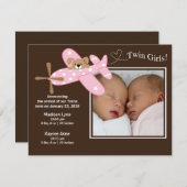 Faire-part Annonce de naissance jumelles avion rose (Devant / Derrière)