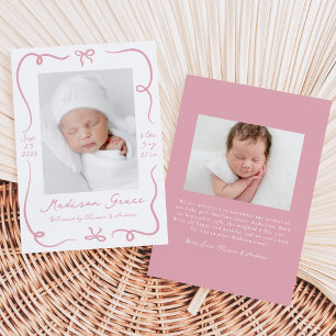Faire-part Annonce de naissance photo 2 Nœuds Roses Dessinés