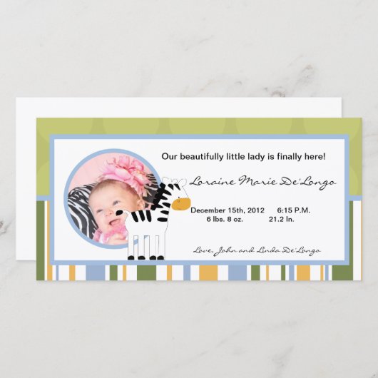 Faire-part Annonce de naissance photo 4x8 Safari amis Zèbre (Devant / Derrière)