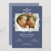 Faire-part Annonce de naissance photo de jumeaux à monogramme (Devant / Derrière)