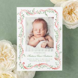 Faire-part Annonce de naissance photo élégante ruban rose