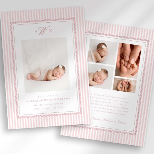 Faire-part Annonce de naissance photo monogramme à rayures pr