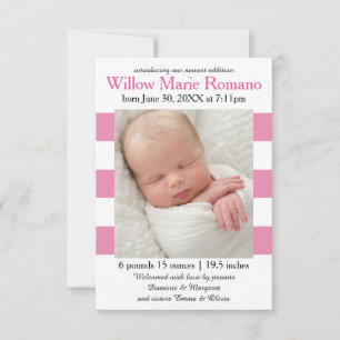 Faire-part Annonce de naissance photo rayures rose/blanc - 3x