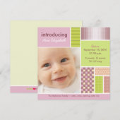 Faire-part Annonce de naissance rose patchwork carré designer (Devant / Derrière)