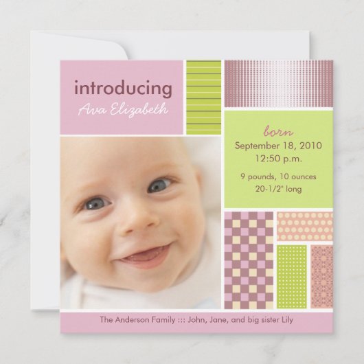Faire-part Annonce de naissance rose patchwork carré designer (Devant)