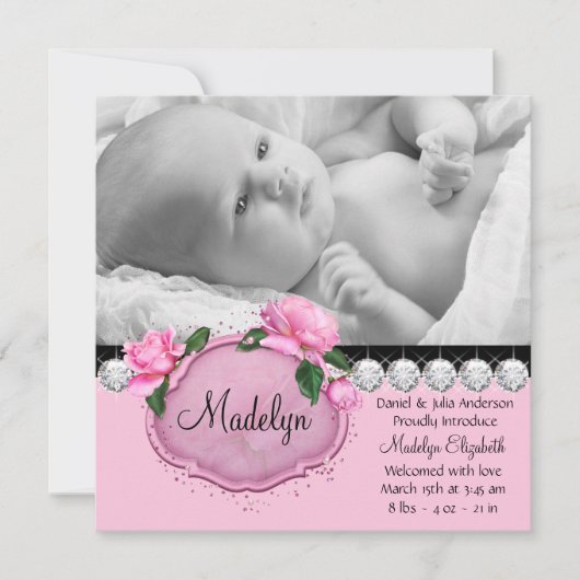 Faire-part Annonce de naissance Rose rose noir (Devant)