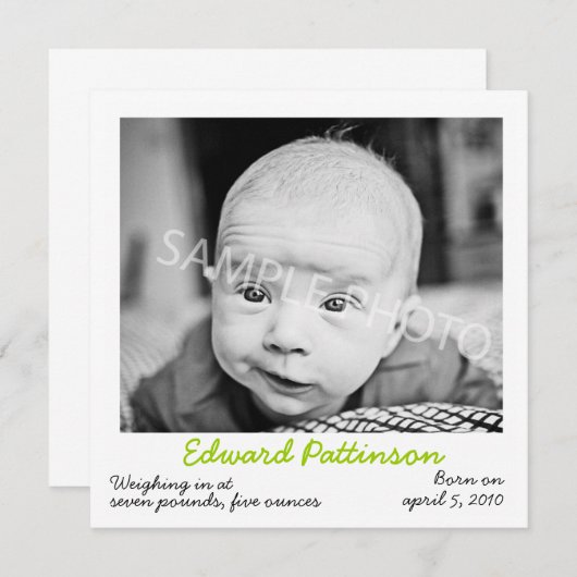 Faire-part Annonce de naissance verte (Devant / Derrière)