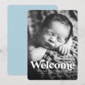 Faire-part Annonce de naissance verticale bleue bienvenue en  (Devant / Derrière)