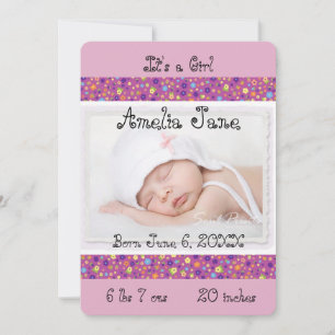 Faire-part Annonce de photo de bébé fille rose mignonne