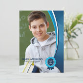 Faire-part Annonce de photo de diplômé au ruban bleu (Debout devant)