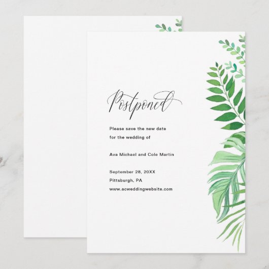 Faire-part Annonce de report de mariage avec verdure simple (Devant / Derrière)