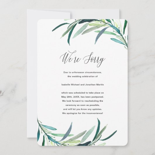 Faire-part Annonce de report de mariage botanique feuillu (Devant)