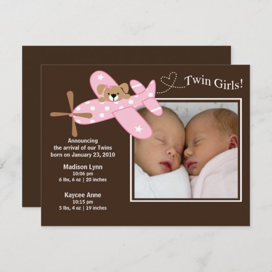 Faire-part Annonce Naissance Filles Jumelles Avion Rose (Devant / Derrière)
