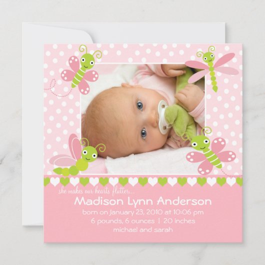 Faire-part Annonce photo de bébé fille Heart Flutter (Devant)