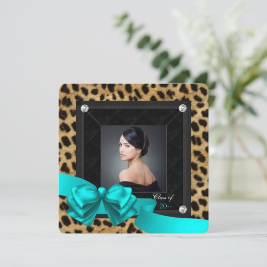 Faire-part Annonces de graduation turquoise Blue Leopard (Debout devant)