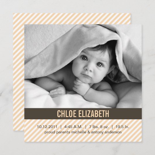 Faire-part Annonces de naissance de bébé à rayures orange mod (Devant / Derrière)