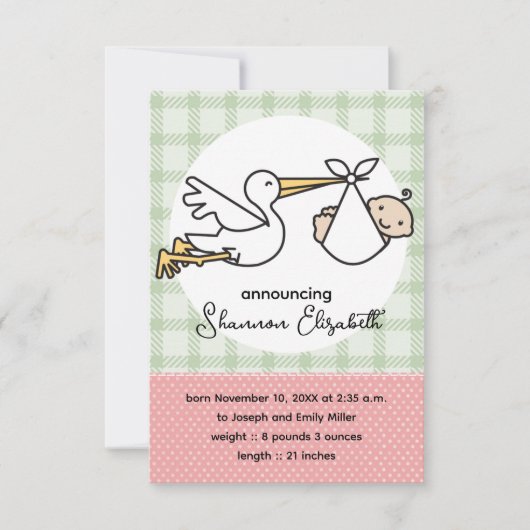 Faire-part Annonces de naissance de bébé cigogne (rose) (Devant)