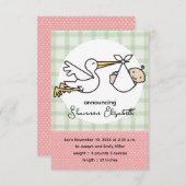 Faire-part Annonces de naissance de bébé cigogne (rose) (Devant / Derrière)