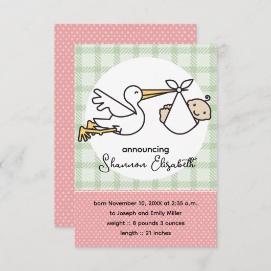 Faire-part Annonces de naissance de bébé cigogne (rose) (Devant / Derrière)