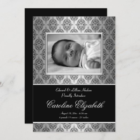 Faire-part Annonces de naissance de bébé Damas noir (Devant / Derrière)