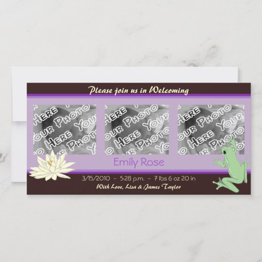Faire-part Annonces de naissance de grenouille lavande et de  (Devant)